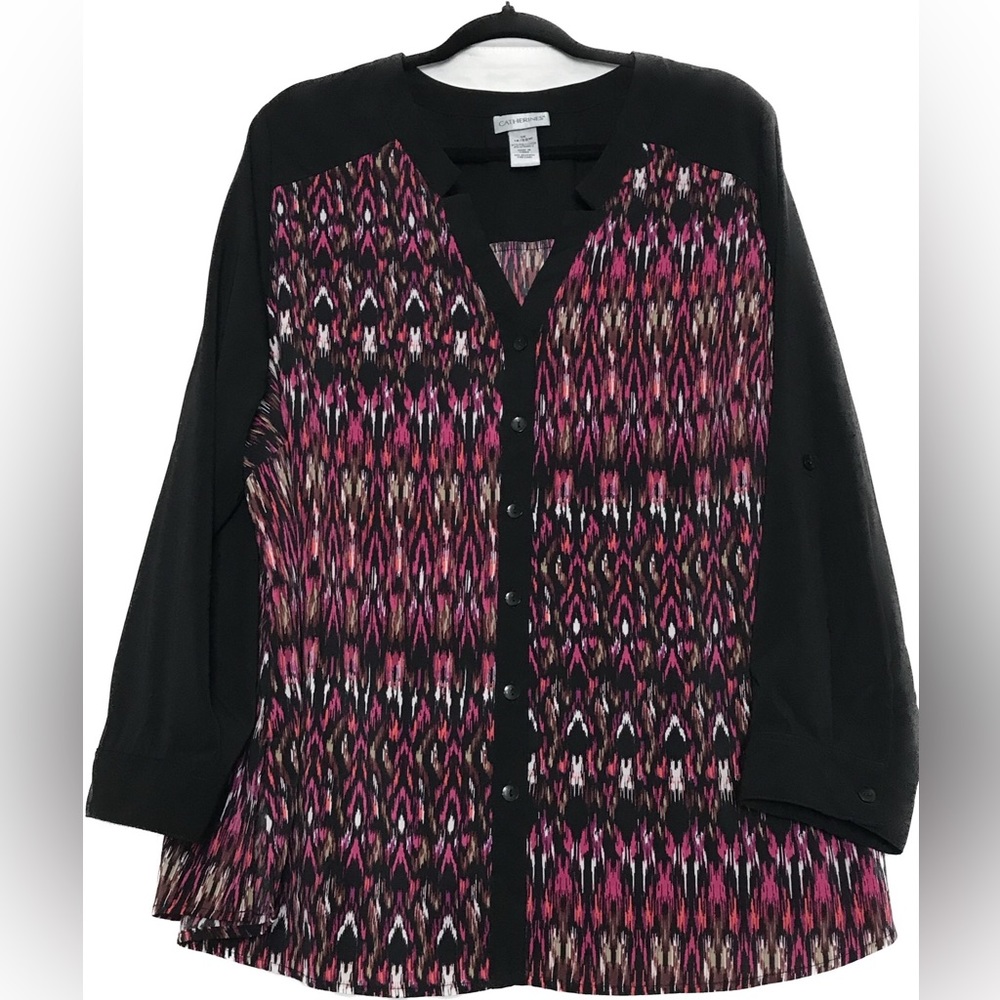 Catherines Black Abstract Roll Tab Sleeve Button Up Top Womens Sz 18/20 Office